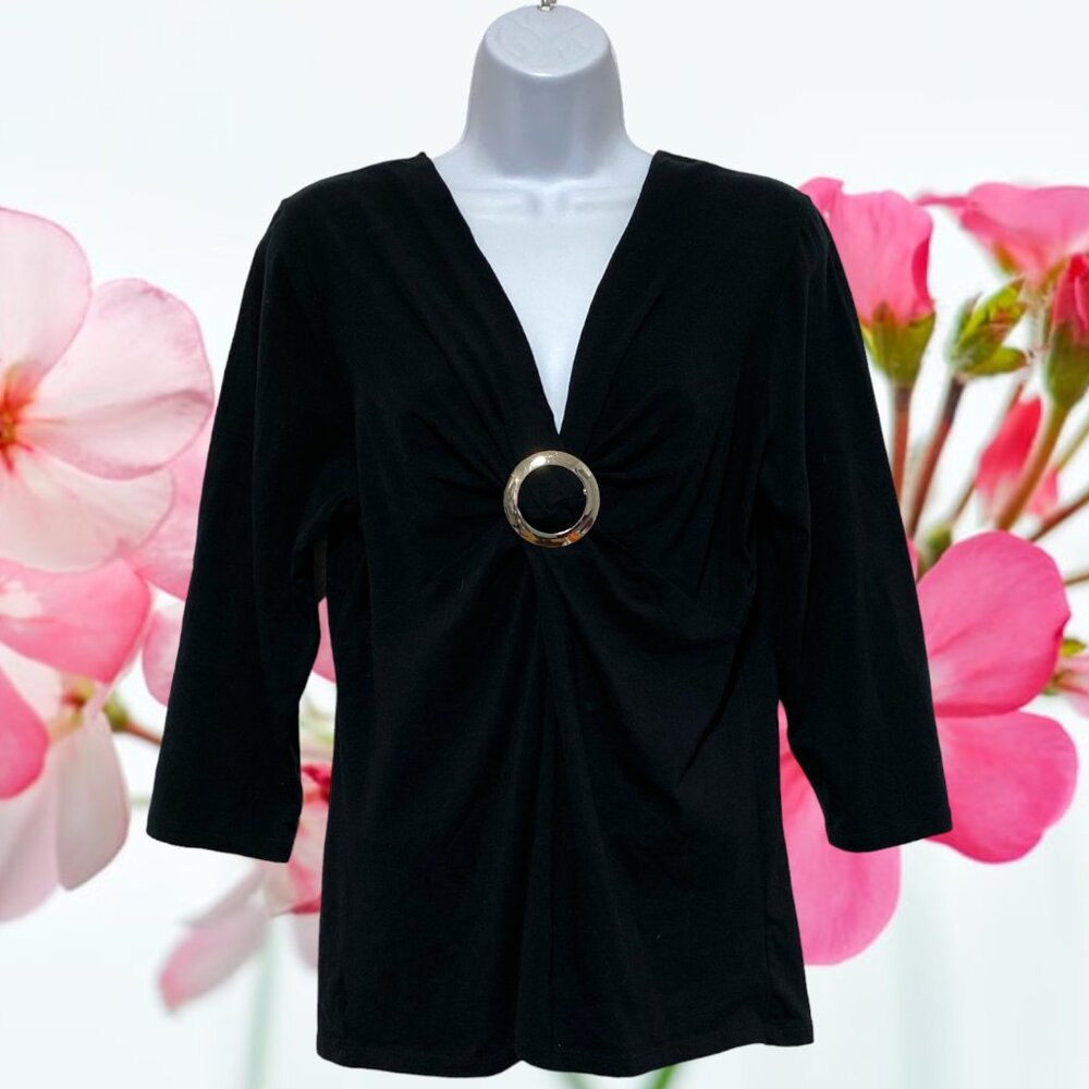 Women's Large Dressy Black Blouse V-Neck Front Gather Design By-Josephine Chaus